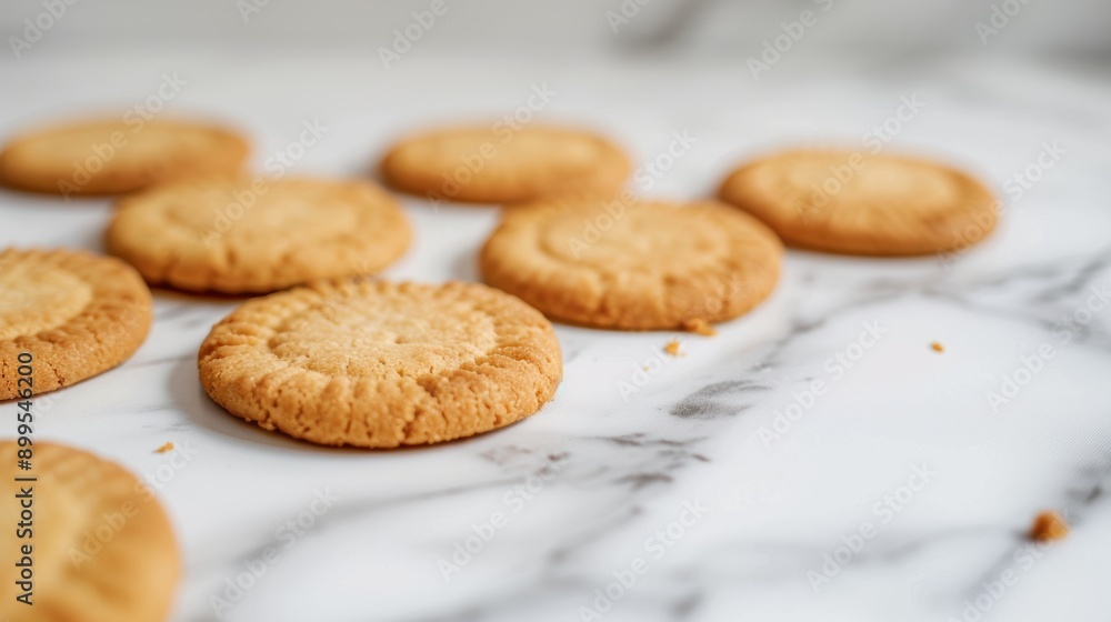 Golden brown butter cookies cooling on a white marble countertop after being freshly baked Golden brown butter cookies cooling on a white marble countertop after being freshly baked