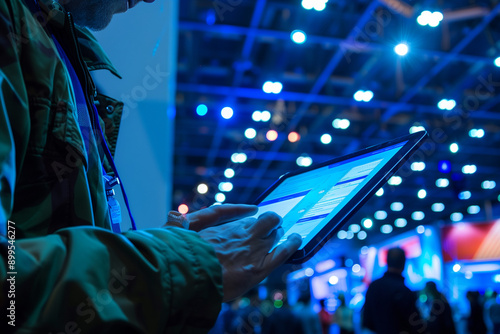 Survey questionnaire being filled out on a tablet at a trade show booth. Dynamic event lighting. Convention center background. 