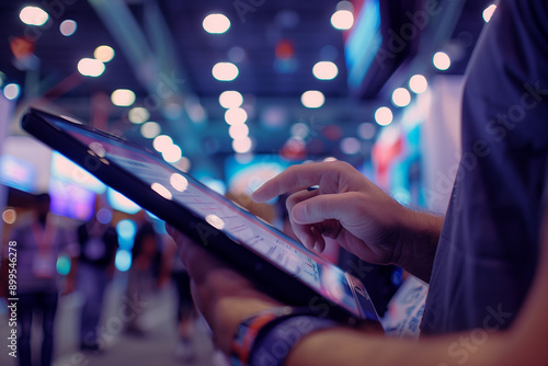 Survey questionnaire being filled out on a tablet at a trade show booth. Dynamic event lighting. Convention center background. 