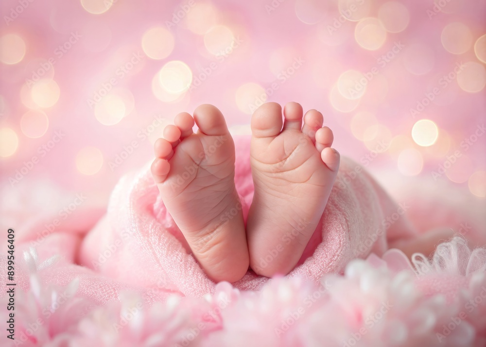 Soft pink background featuring adorable baby girl feet, plenty of copy space, ideal for baby shower invitations, birthday parties, and birth announcements, panoramic banner design. Soft pink background featuring adorable baby girl feet, plenty of copy space, ideal for baby shower invitations, birthday parties, and birth announcements, panoramic banner design.