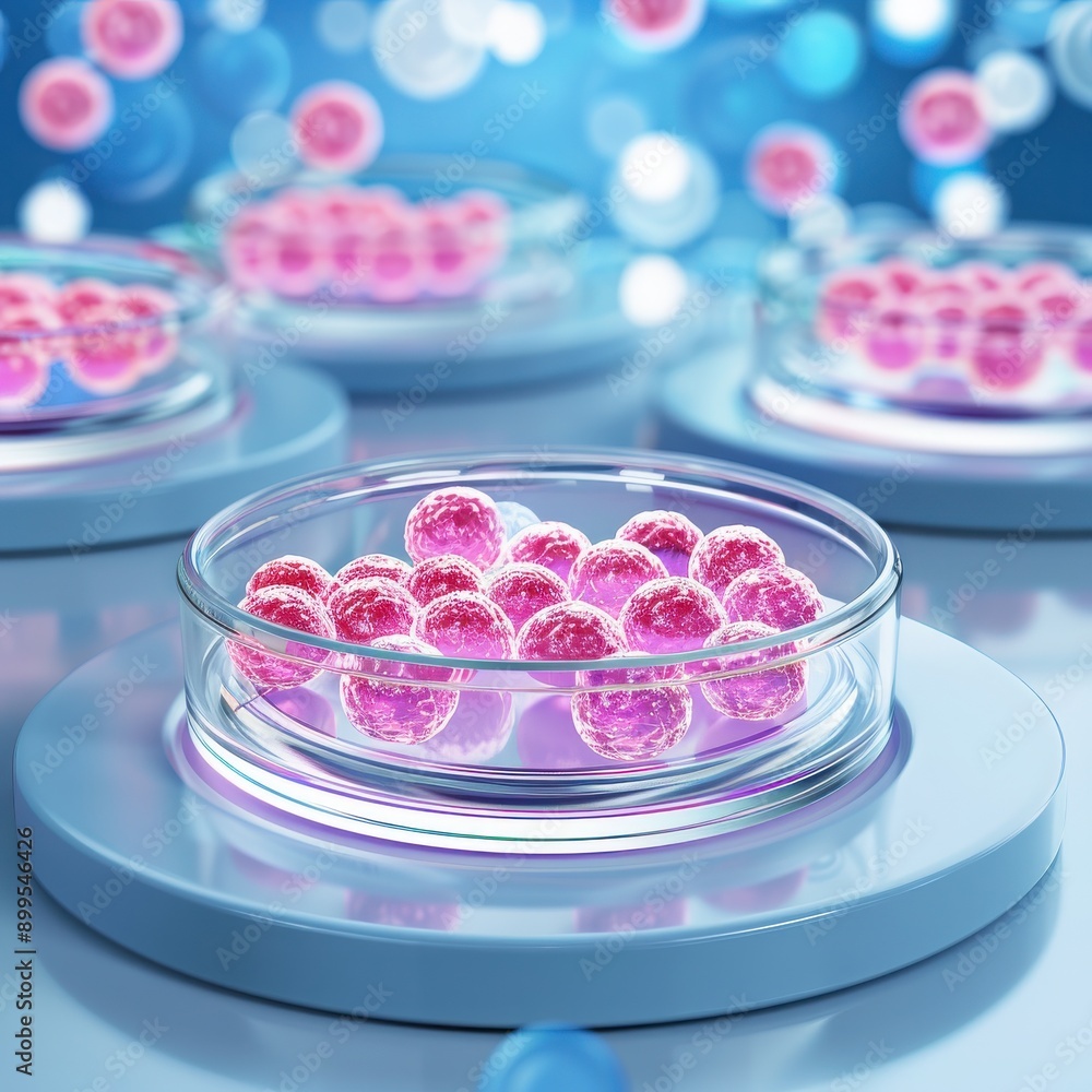 Close-up of petri dishes containing vibrant pink cells, illustrating scientific research and biotechnology innovations. Close-up of petri dishes containing vibrant pink cells, illustrating scientific research and biotechnology innovations.
