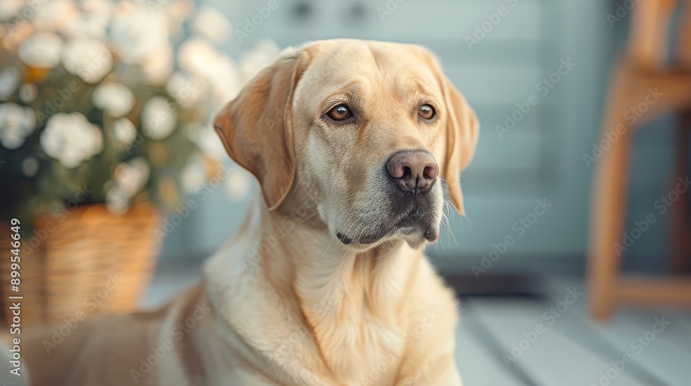 A close-up portrait of a yellow Labrador Retriever with gentle eyes. A close-up portrait of a yellow Labrador Retriever with gentle eyes.