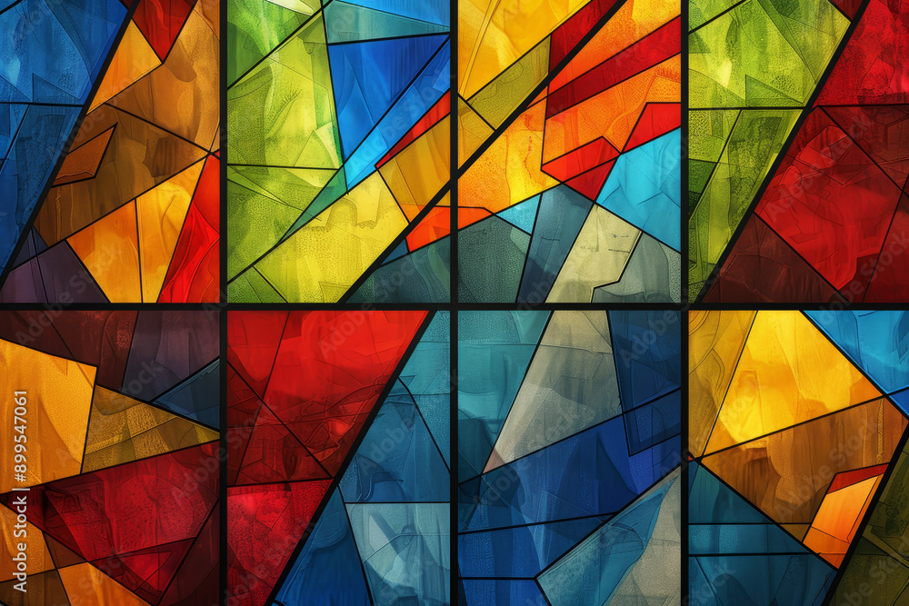 A colorful stained glass window with a blue and red triangle A colorful stained glass window with a blue and red triangle