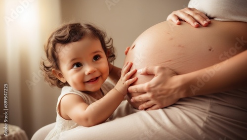 Adorable little girl gently holding and listening to her baby sibling inside her mother's pregnant belly which adorned with some stretch mark