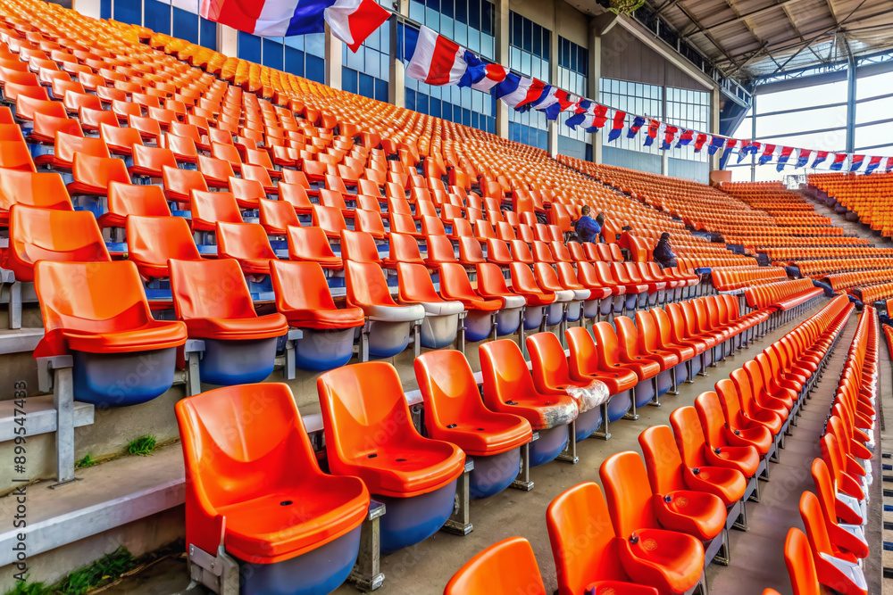 Naklejka premium Empty seats adorned with Netherlands flags and orange decorations await enthusiastic fans at a football stadium, evoking excitement for an international soccer tournament.