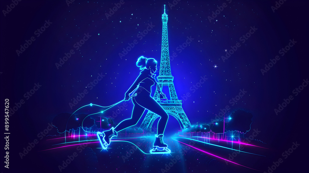 Fototapeta premium Neon Curling: Fluorescent silhouette of a curler with the Eiffel Tower in the background on a dark blue background.