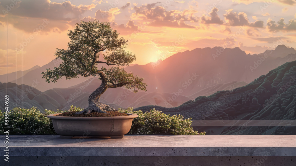A small bonsai tree is sitting on a ledge in front of a mountain range A small bonsai tree is sitting on a ledge in front of a mountain range