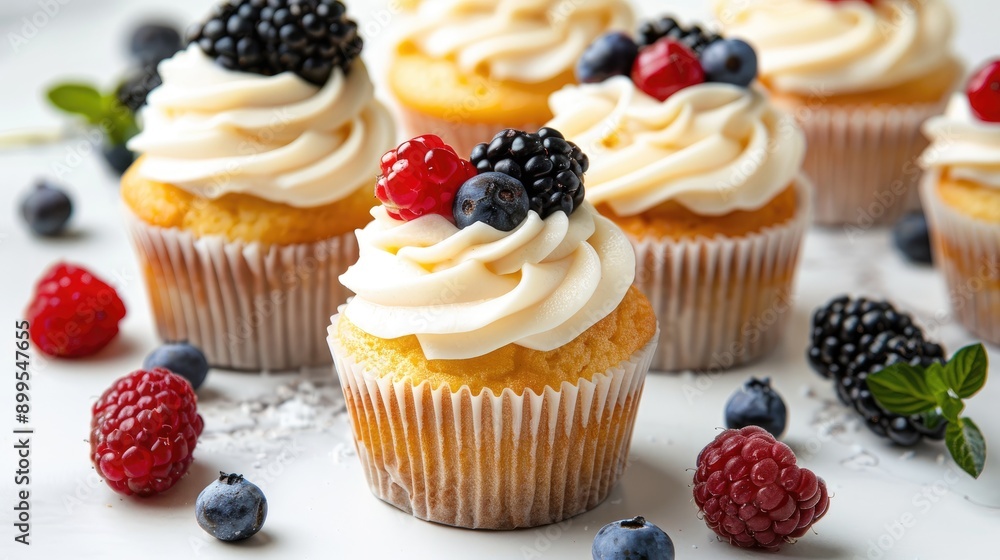 Vanilla cupcakes with cream cheese and berries on a white backdrop Vanilla cupcakes with cream cheese and berries on a white backdrop