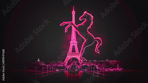Neon Equestrian Jump: Fluorescent silhouette of a horse jumping with the Eiffel Tower in the background on a dark grey background.


