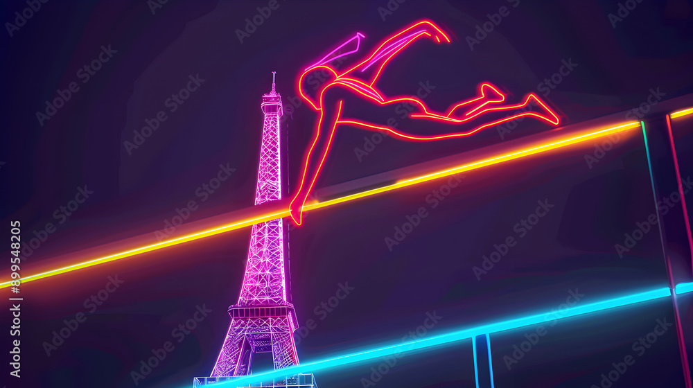 Neon High Jump Bar: Bright neon lines forming a high jumper clearing the bar with the Eiffel Tower in the background on a dark grey background.
Neon High Jump Bar: Bright neon lines forming a high jumper clearing the bar with the Eiffel Tower in the background on a dark grey background.