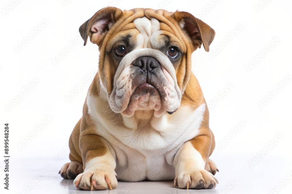 Adorable English bulldog with wrinkled face and sweet expression sitting alone on a clean white background with subtle shadows, looking directly at the camera. Adorable English bulldog with wrinkled face and sweet expression sitting alone on a clean white background with subtle shadows, looking directly at the camera.
