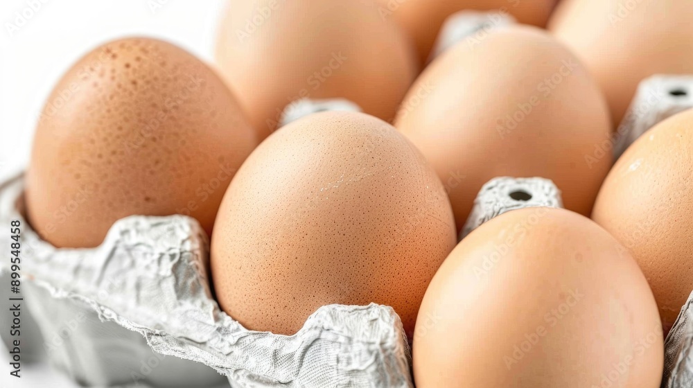 Close up of fresh eggs in a carton on a white background