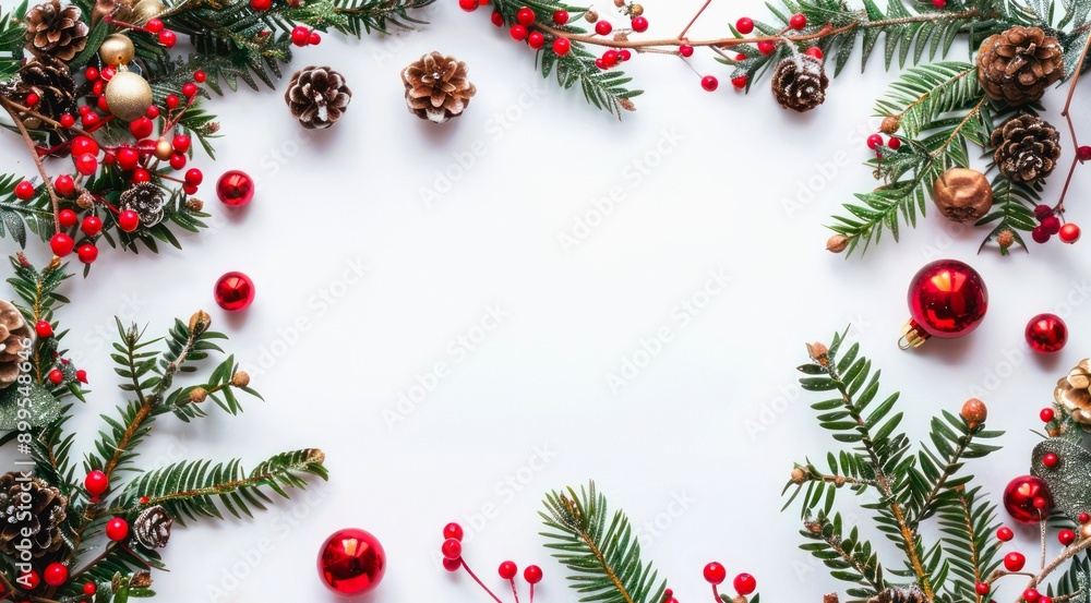 Christmas festive decorations as frame on white background with copy space for text in the middle. Composition of holly berries, pine tree cones and branches, top view. Christmas festive decorations as frame on white background with copy space for text in the middle. Composition of holly berries, pine tree cones and branches, top view.