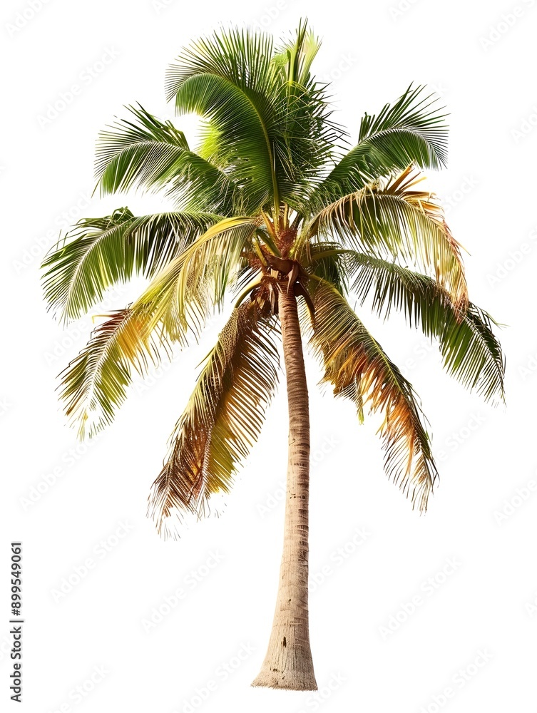 Obraz premium Lush tropical coconut palm tree on plain white background