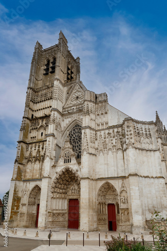 Facade of the gothic Auxerre Cathedral (Cathédrale Saint-Étienne d'Auxerre), a Roman Catholic church, dedicated to Saint Stephen, located in Auxerre, Burgundy, France, Europe