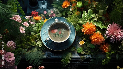 A serene overhead shot of a cup of tea on a table surrounded by vibrant plants and flowers, 