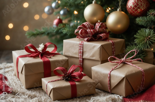 Eco-Friendly Brown Kraft Paper Wrapped Christmas Gifts with Red Bows Under a Festive Tree