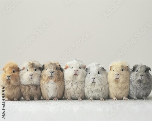 A group of guinea pigs in a row, looking at the camera.