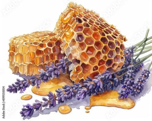 a watercolor painting of a honeycomb with lavender. Make the honeycomb look realistic and detailed. Include a lavender sprig with purple flowers.