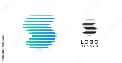 Abstract wide letter S, logo with horizontal gradient lines, dynamic gradient logotype for tech companies, software development, and innovative brands. Vector illustration.