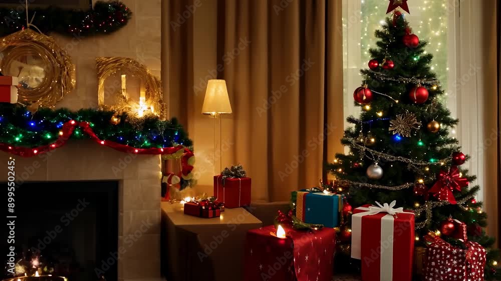 Festive living room decorated for christmas with tree and gifts Festive living room decorated for christmas with tree and gifts