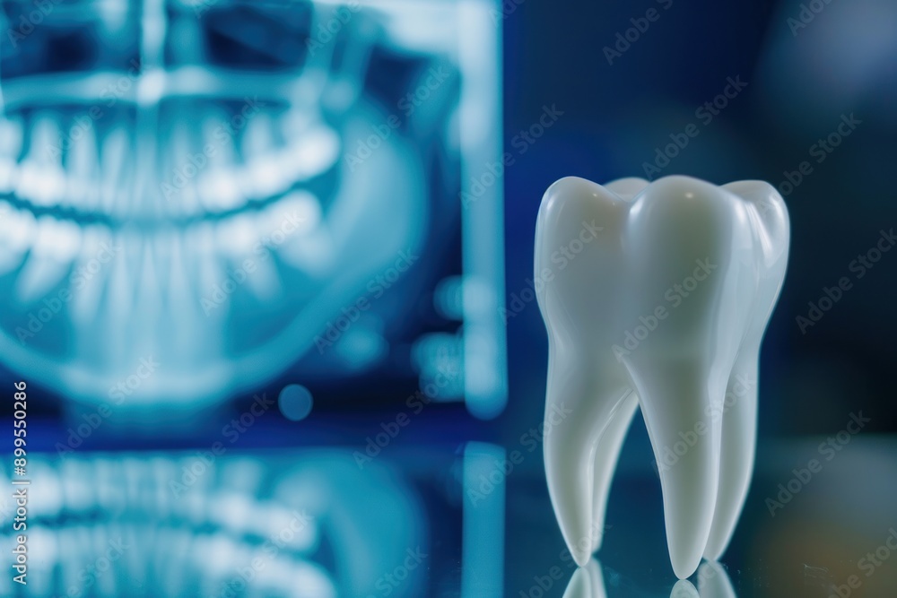 Human tooth model next to a dental x-ray, blue background, representing ...