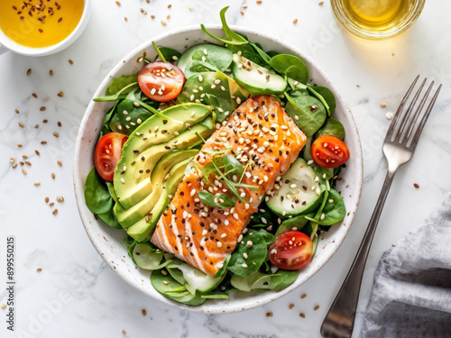 Top view of Keto salad with salmon on background. Avocado. Spinach. cucumber. Sesame seeds and cashew nuts. Low-carbohydrate breakfast rich in healthy fats.