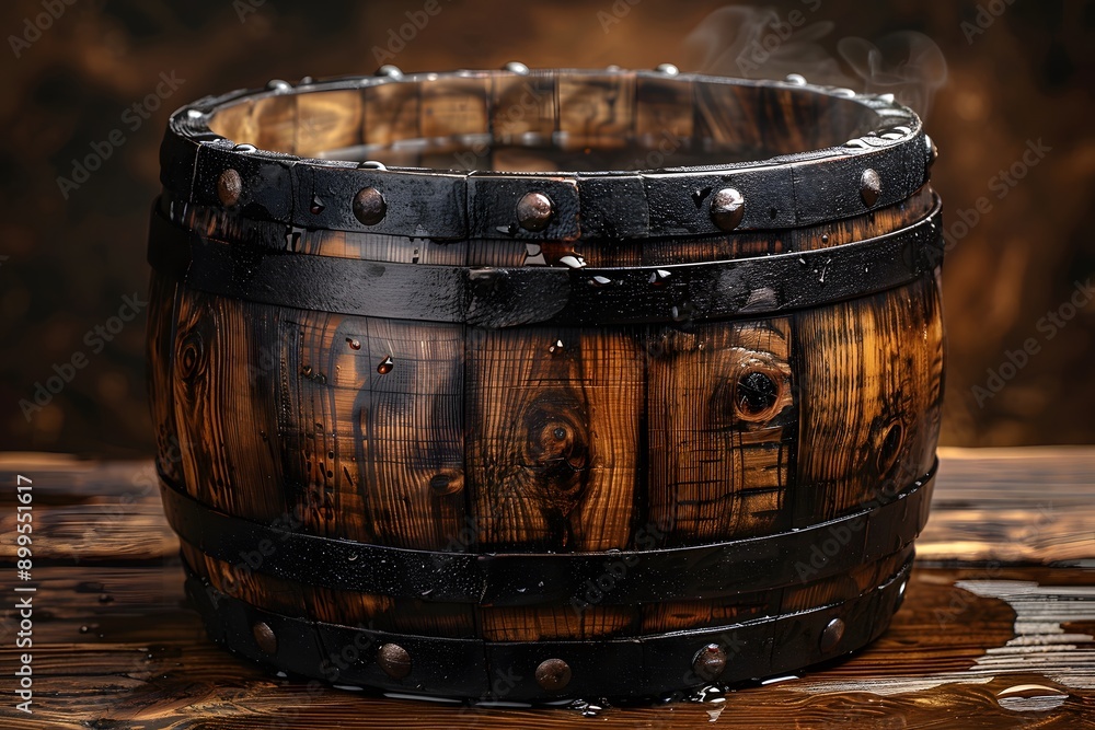Rustic Wooden Barrel with Metal Rivets and Steam - Authentic Vintage Decor, Ideal for Bars and Restaurants Rustic Wooden Barrel with Metal Rivets and Steam - Authentic Vintage Decor, Ideal for Bars and Restaurants