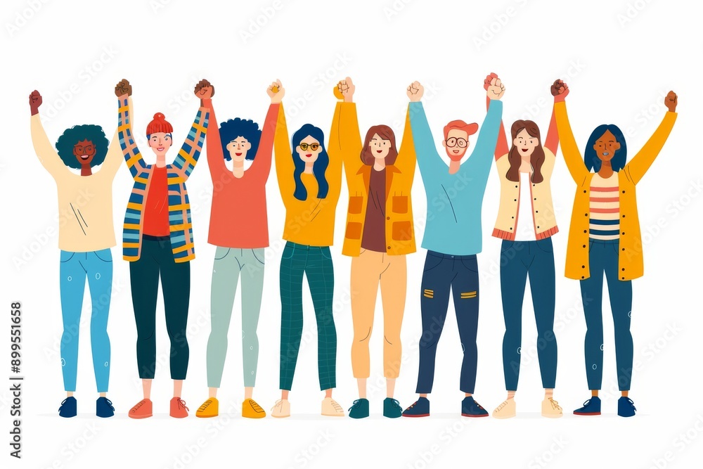 Fototapeta premium Dynamic illustration of a multicultural group cheering highlighting diversity unity and happiness in a vibrant setting