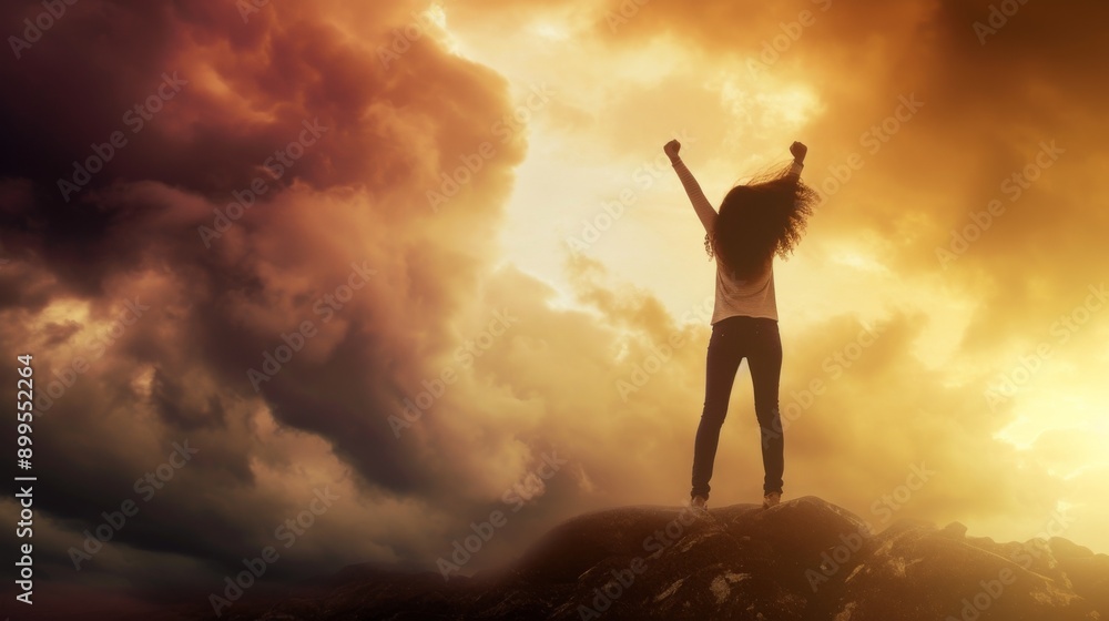 A woman stands triumphantly on a mountain peak with arms raised against a dramatic sunset sky. This image symbolizes achievement, freedom, and the beauty of nature, perfect for motivational and travel A woman stands triumphantly on a mountain peak with arms raised against a dramatic sunset sky. This image symbolizes achievement, freedom, and the beauty of nature, perfect for motivational and travel
