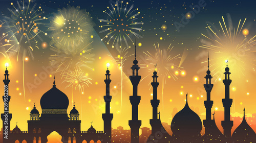 Mystical skyline adorned with mosque silhouettes and dazzling fireworks illuminating the night sky in a vibrant celebration. photo