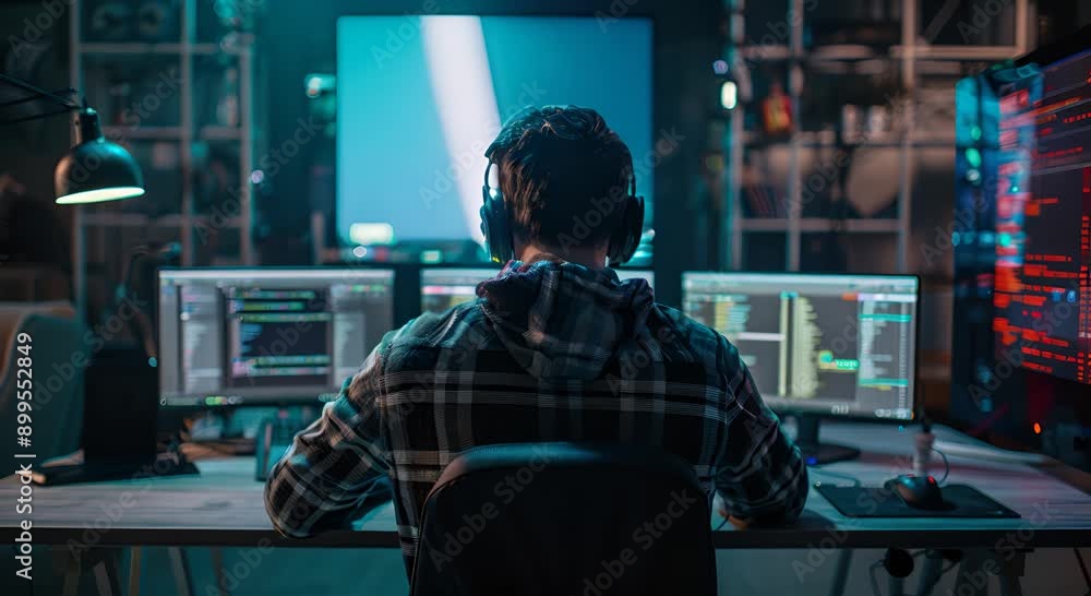 A man is sitting at a desk with a computer monitor in front of him A man is sitting at a desk with a computer monitor in front of him