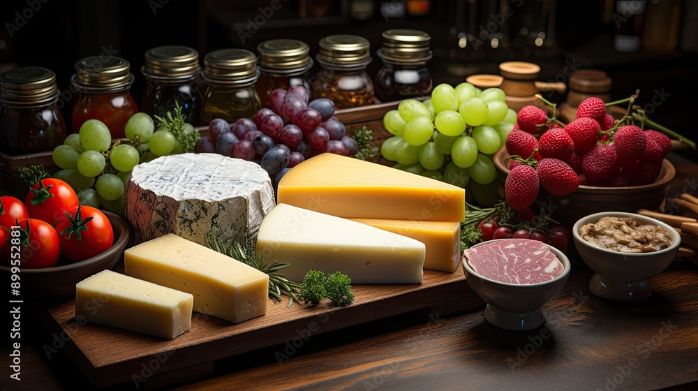 A set of fresh products for the iet on a dark wooden table A set of fresh products for the iet on a dark wooden table
