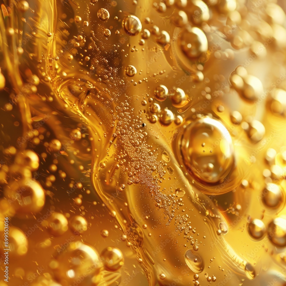 Close-up of golden bubbles in liquid, abstract background