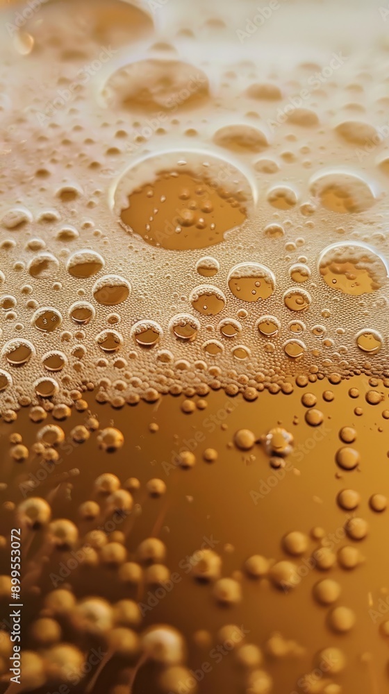 Close-up of beer bubbles and foam, golden liquid texture Close-up of beer bubbles and foam, golden liquid texture