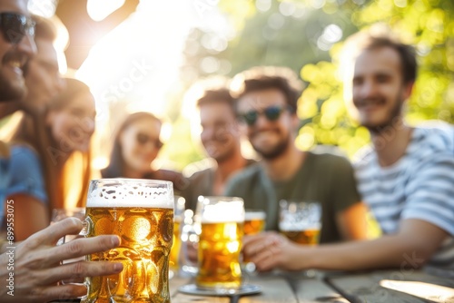 Friends enjoying beer at sunset outdoors, focus on foreground gl photo