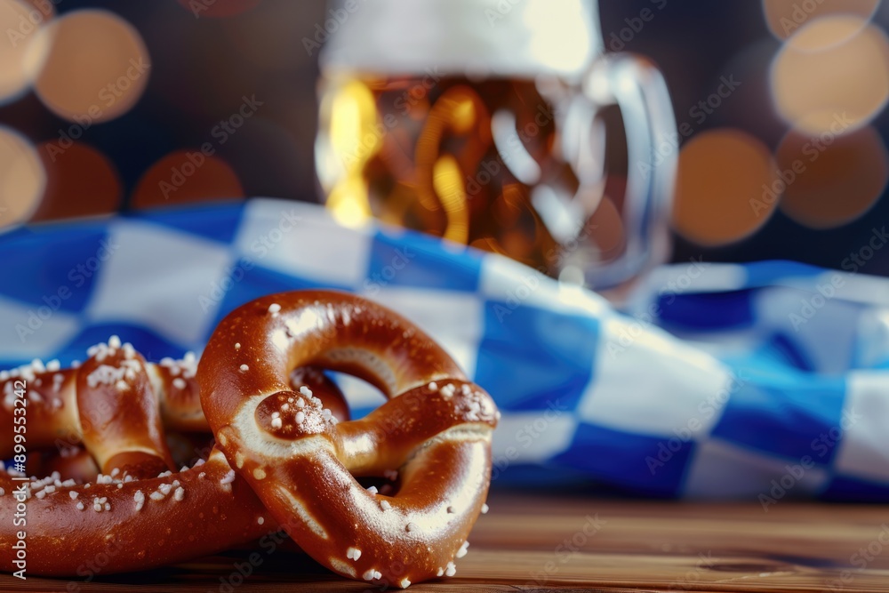 Soft focus on salted pretzels with beer mug and Bavarian flag Soft focus on salted pretzels with beer mug and Bavarian flag