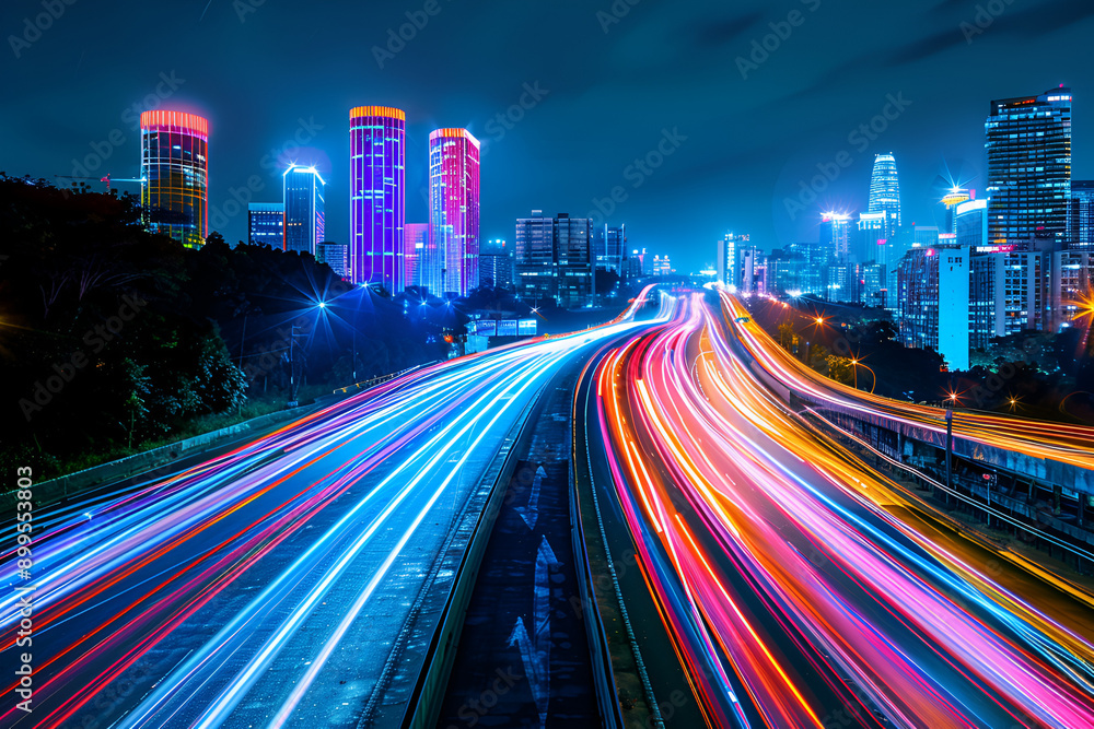Fototapeta premium A vibrant cityscape at night with illuminated skyscrapers and colorful light trails from traffic on a busy highway.