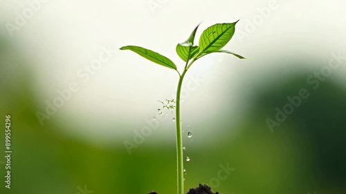 Young green plant sprouting in rich soil on a sunny day