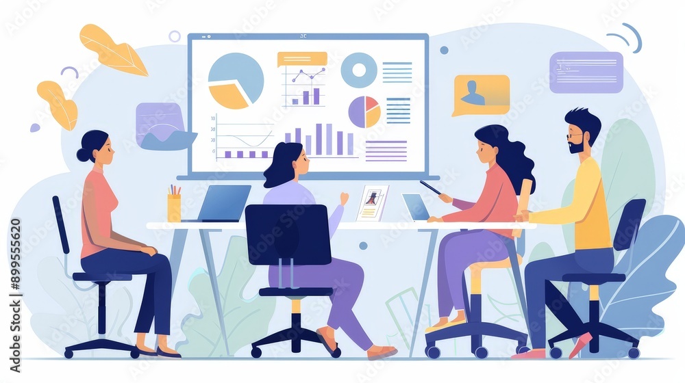 Show a marketing agency's client presentation, with team members confidently showcasing their strategies and visual concepts. Show a marketing agency's client presentation, with team members confidently showcasing their strategies and visual concepts.