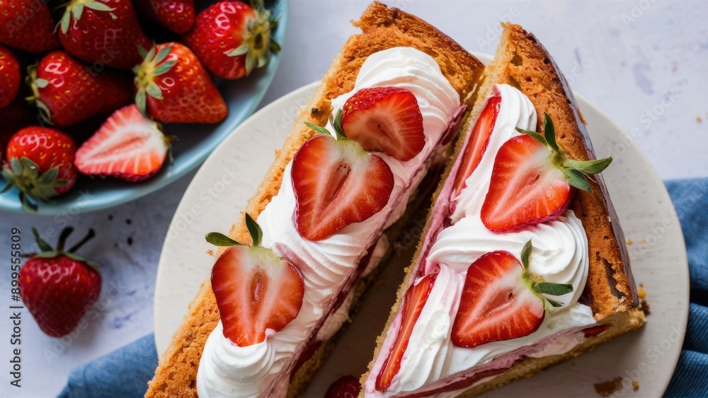 A piece of a slice of cake with whipped cream and strawberries, AI A piece of a slice of cake with whipped cream and strawberries, AI