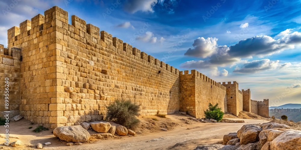 Obraz premium Ancient stone city walls stretch across the desert landscape, worn by time, yet still exuding strength and resilience, a testament to Israel's rich historical heritage.