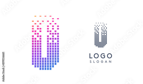 Pixelated Letter U D transitioning into scattered pixels with gradient colors creating modern, digital effect like equalizer. Abstract logo for tech software and digital media. Vector illustration.