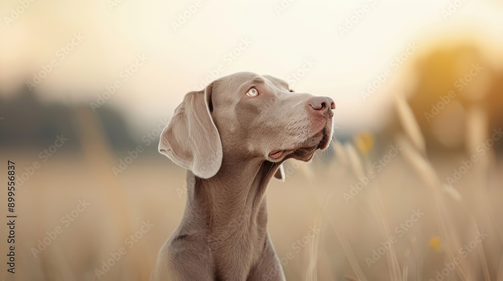 Close-up of a Weimaraner's elegant face, highlighting its grey coat and expressive eyes, with a blurred countryside backdrop. Close-up of a Weimaraner's elegant face, highlighting its grey coat and expressive eyes, with a blurred countryside backdrop.