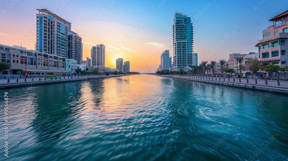 Fototapeta premium The Dubai Water Canal is a 3.2-kilometer long waterway that offers scenic views and recreational activities.