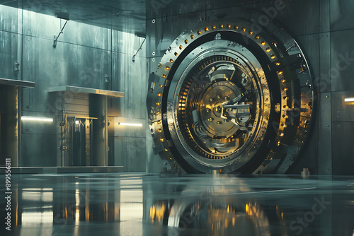 Massive bank vault doors wide open, symbolizing security, wealth, and access to valuable assets. The scene highlights the impressive structure and the importance of safeguarding financial resources.