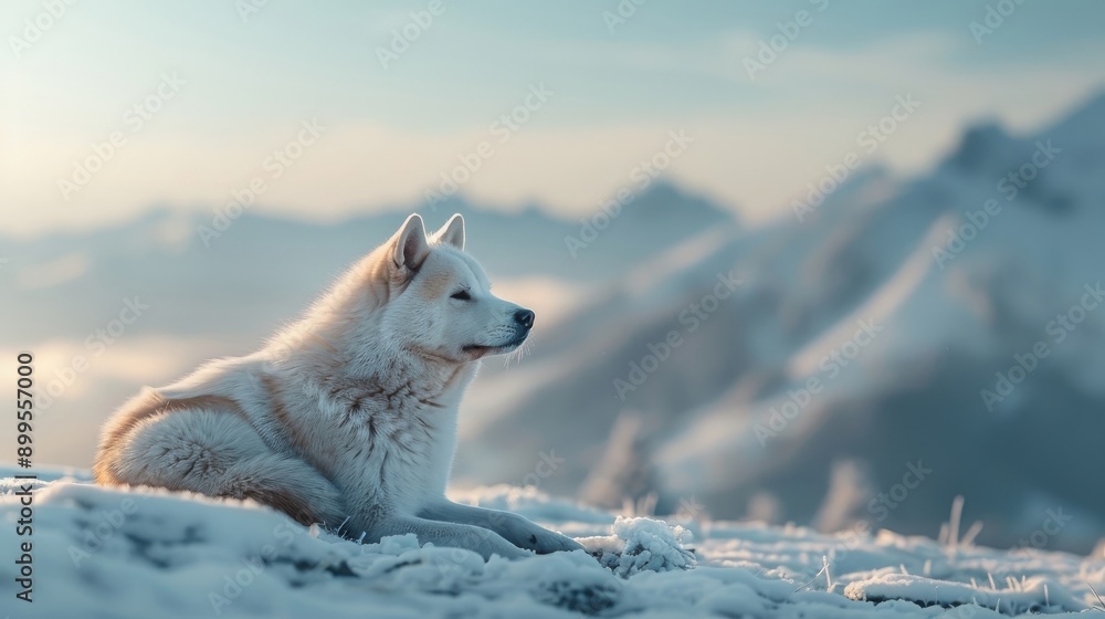 Fototapeta premium Close-up of an Akita Inu's face, capturing its piercing eyes and thick fur, with a mountainous backdrop.