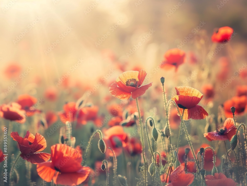 Obraz premium field of poppies at sunrise, beautiful summer landscape with red flowers in the meadow, vibrant background with morning sun rays and misty air
