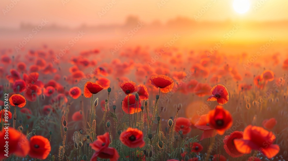 Obraz premium field of poppies at sunrise, beautiful summer landscape with red flowers in the meadow, vibrant background with morning sun rays and misty air