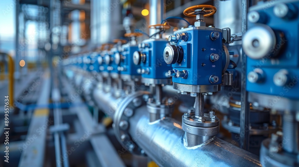 Vibrant blue and silver arterial style test set on high voltage gate to the pipeline with gas in energy park for fuel production Vibrant blue and silver arterial style test set on high voltage gate to the pipeline with gas in energy park for fuel production